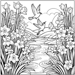 Fantasievoller Vogel im Flug über bunten Blumenstrauß Ausmalbild für neugierige Naturfreunde