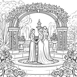 Romantisches Hochzeitskleid unter blühendem Rosenbogen Ausmalmotiv für traumschöne Brautgestalter
