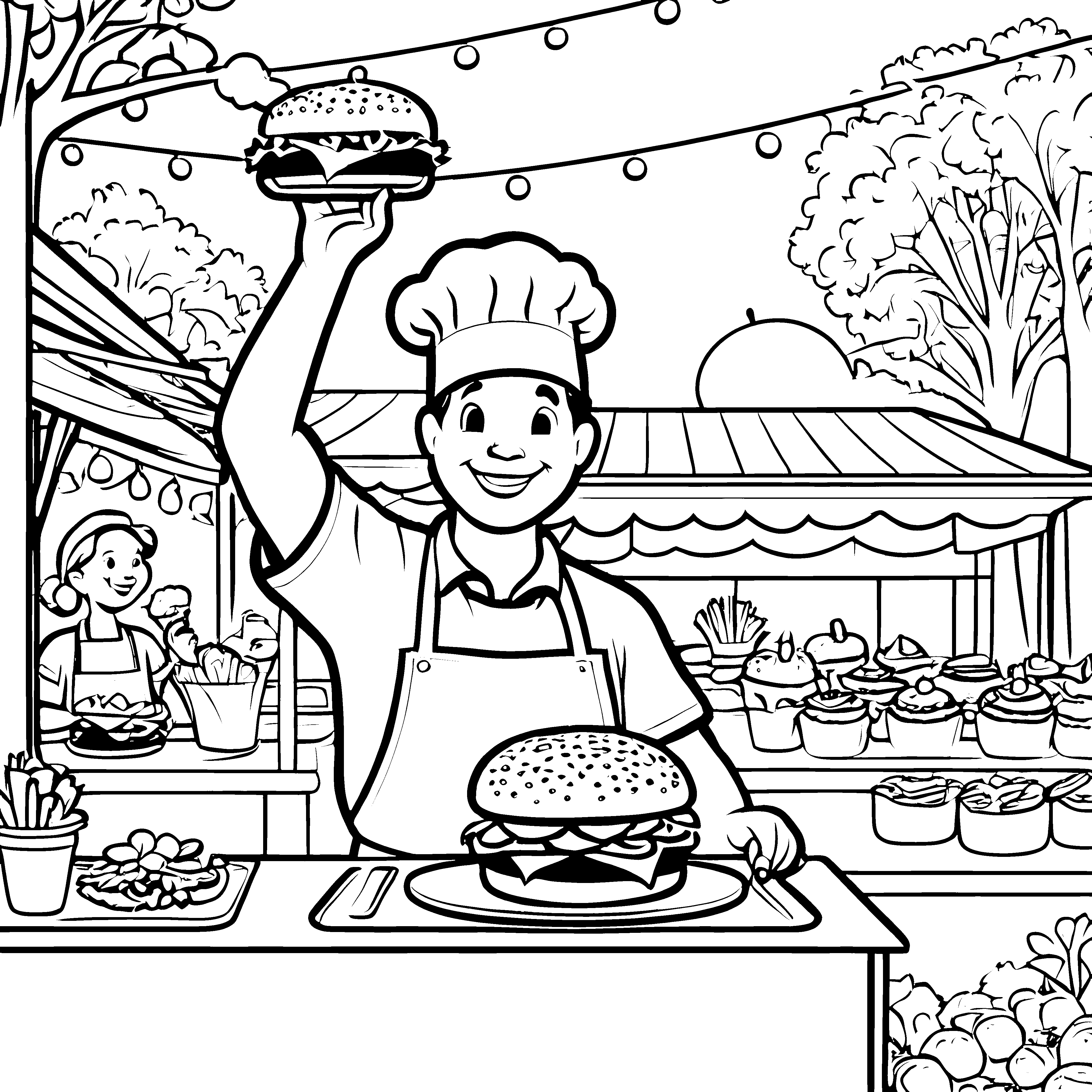 Begeisterter Koch mit saftigem Hamburger und bunten Schalen Ausmalmotivation für kreative Geschmacksabenteurer