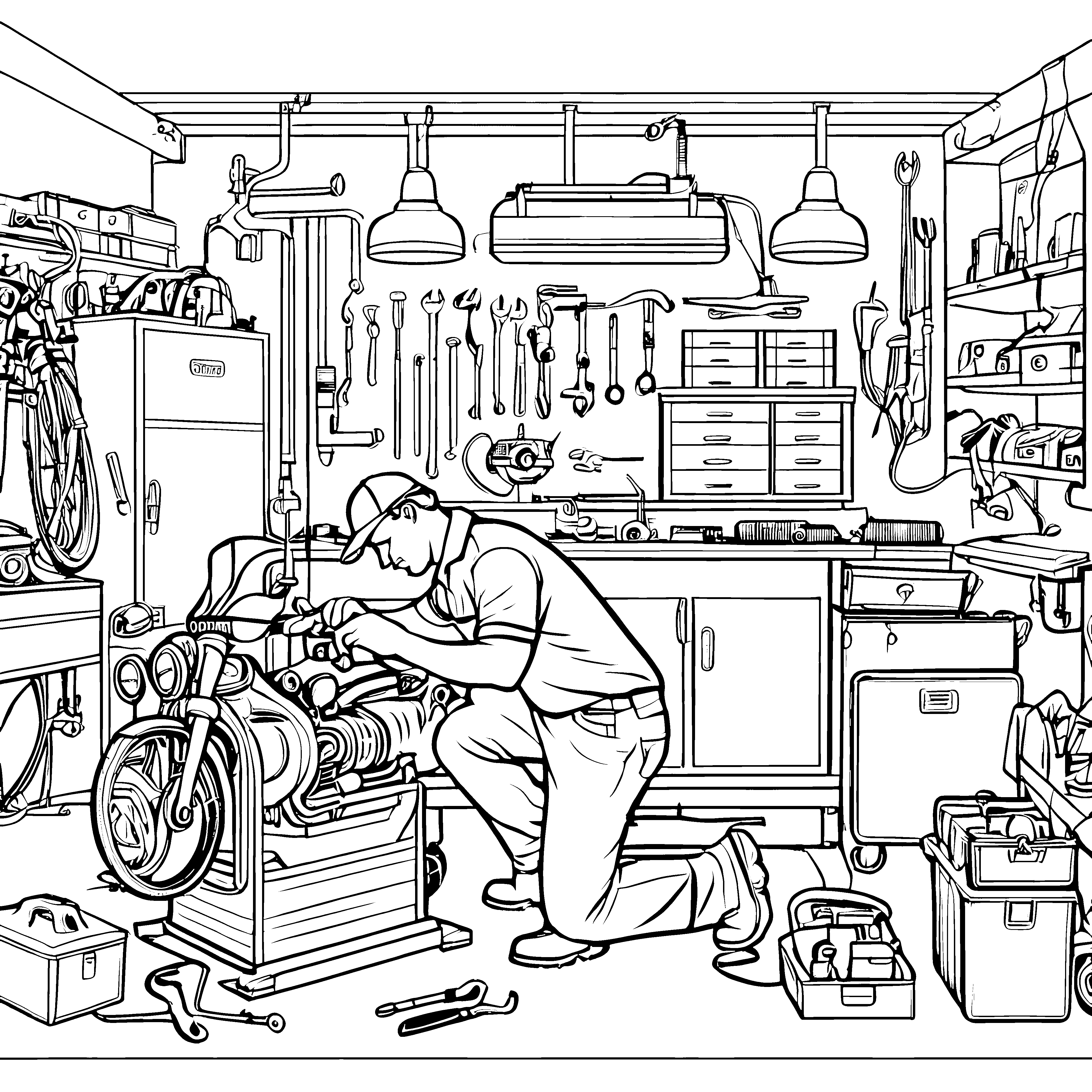 Fokussierter Mechaniker repariert Motorradmotor in der Werkstatt Ausmalvorlage für kleine Technikzauberer