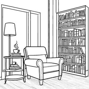 Vielseitiger Relaxsessel mit stilvollem Bücherregal Ausmalvorlage für fantasievolle Räumeforscher