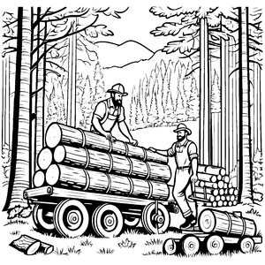 Lumberjack bei der Holzernte mit Logwagen Ausmalvorlage für kleine Naturforscher