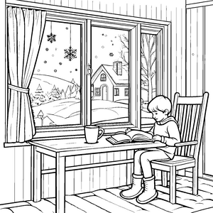 Magische Schneeflocken vor dem Fenster Ausmalvorlage für gemütliche Winterfreunde