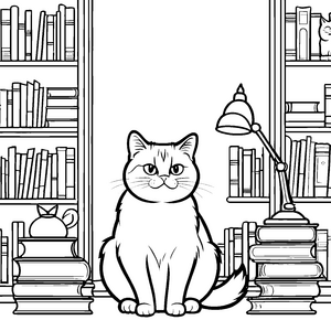 Grummelige Katzi zwischen hohen Bücherstapeln Ausmalvorlage für schlaue Katzenfreunde