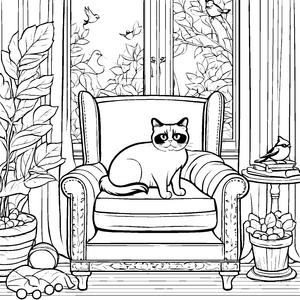 Grummelige Katze auf gemütlichem Sessel Ausmalbild für kleine Sofa-Liebhaber