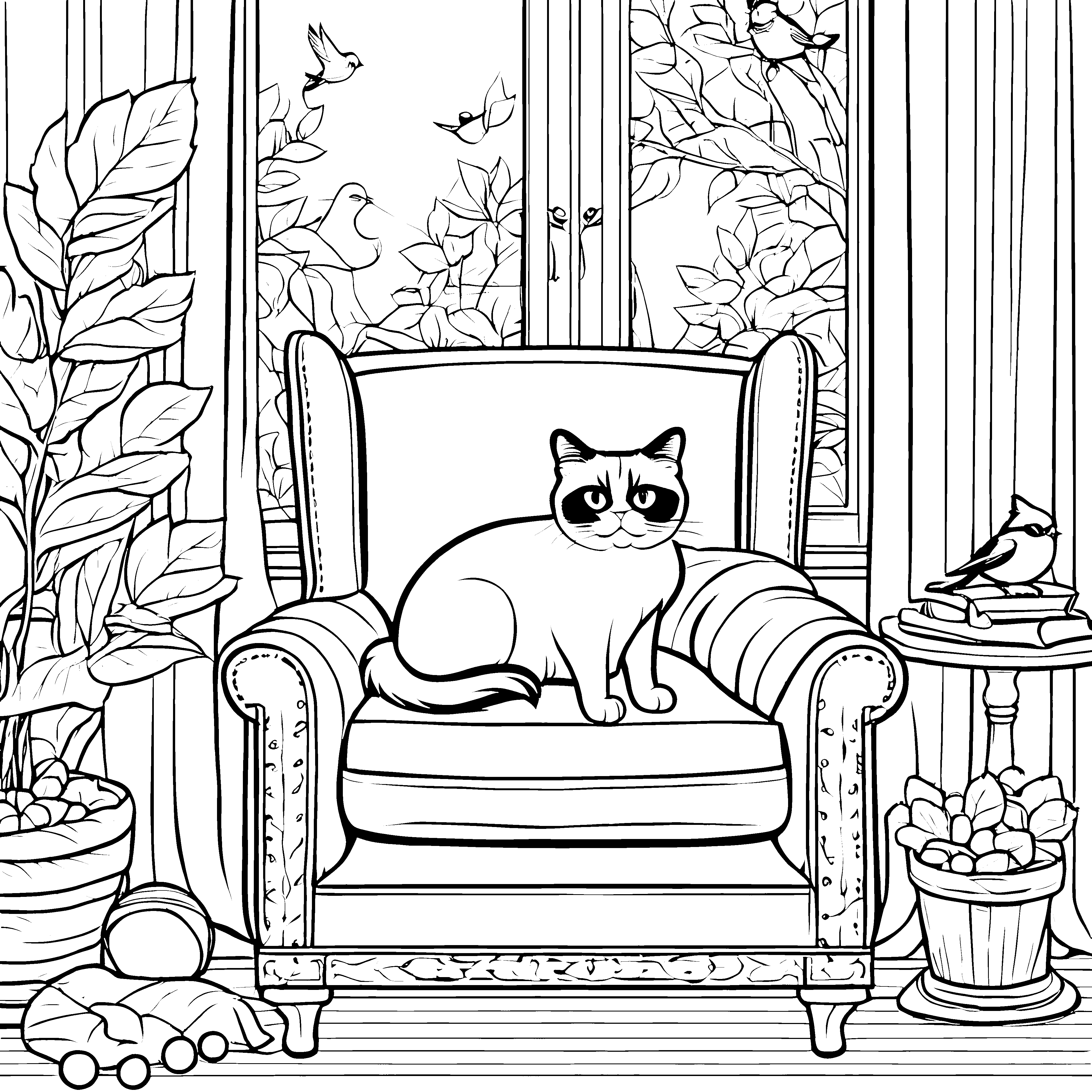 Grummelige Katze auf gemütlichem Sessel Ausmalbild für kleine Sofa-Liebhaber