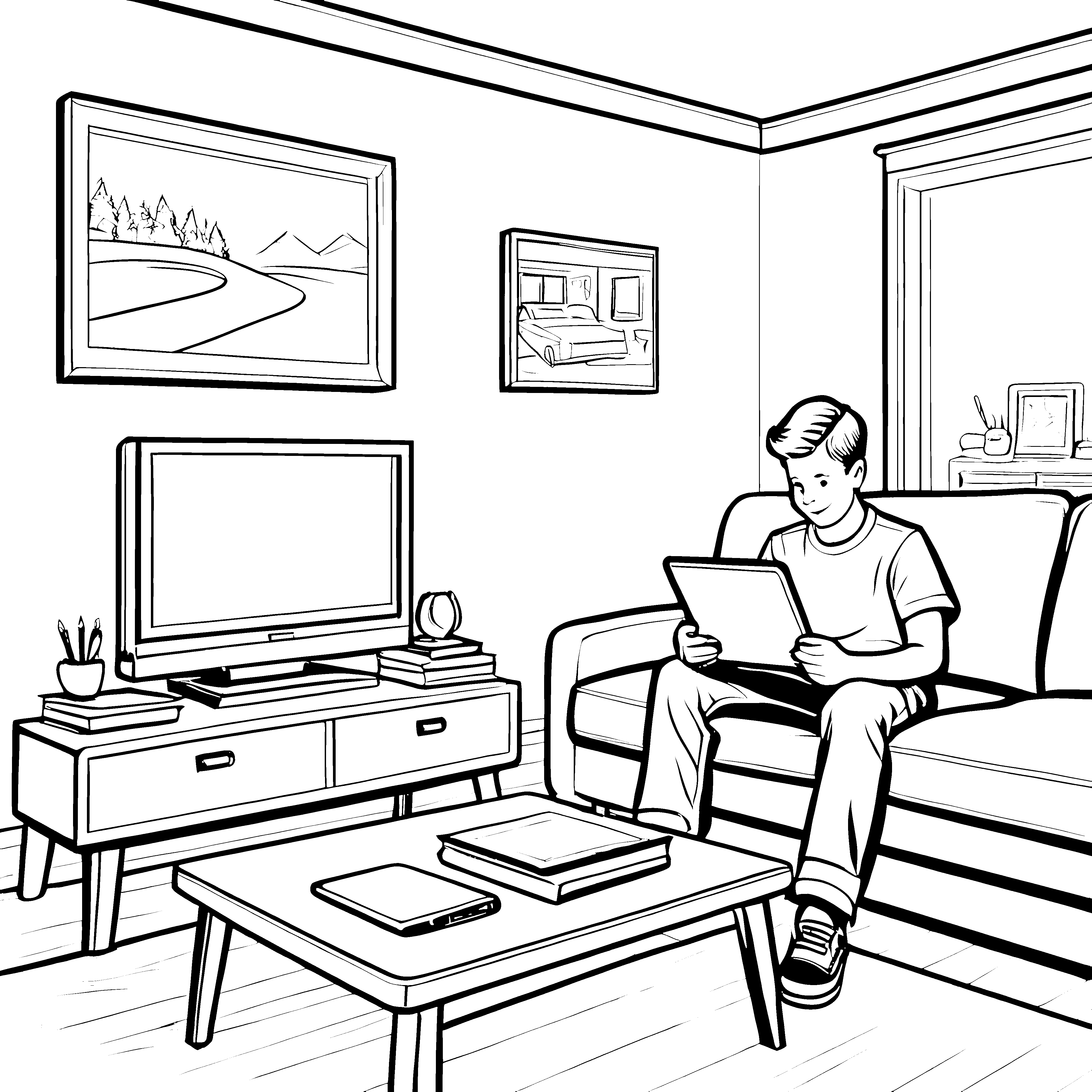 Gemütlicher Mann mit Tablet auf der Couch Ausmalvorlage für entspannte Kreativschaffende