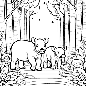 Zwei bezaubernde Tapir Jungtiere auf einem schattigen Pfad Ausmalmotiv für neugierige Tierfreunde und spielerische Entdecker