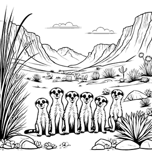 Sechs lächelnde Erdmännchen Jungtiere vor majestätischen Bergen Ausmalvorlage für fantasievolle Tierfreunde und kleine Naturforscher