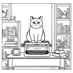 Grummelige Katze auf antiker Schreibmaschine Ausmalvorlage für kreative Leseratten