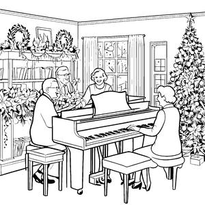Begeisterte musikalische Weihnachtsfreunde am Klavier Ausmalbild für kreative Herzchen