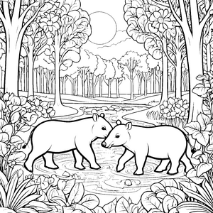 Zwei schüchterne Tapir Jungtiere im geheimen Wald Ausmalbild für kleine Naturforscher und fantasievolle Entdecker