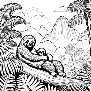 Kuschelige Riesenfaultier-Familie auf einem Ast Ausmalbild für kleine Naturentdecker