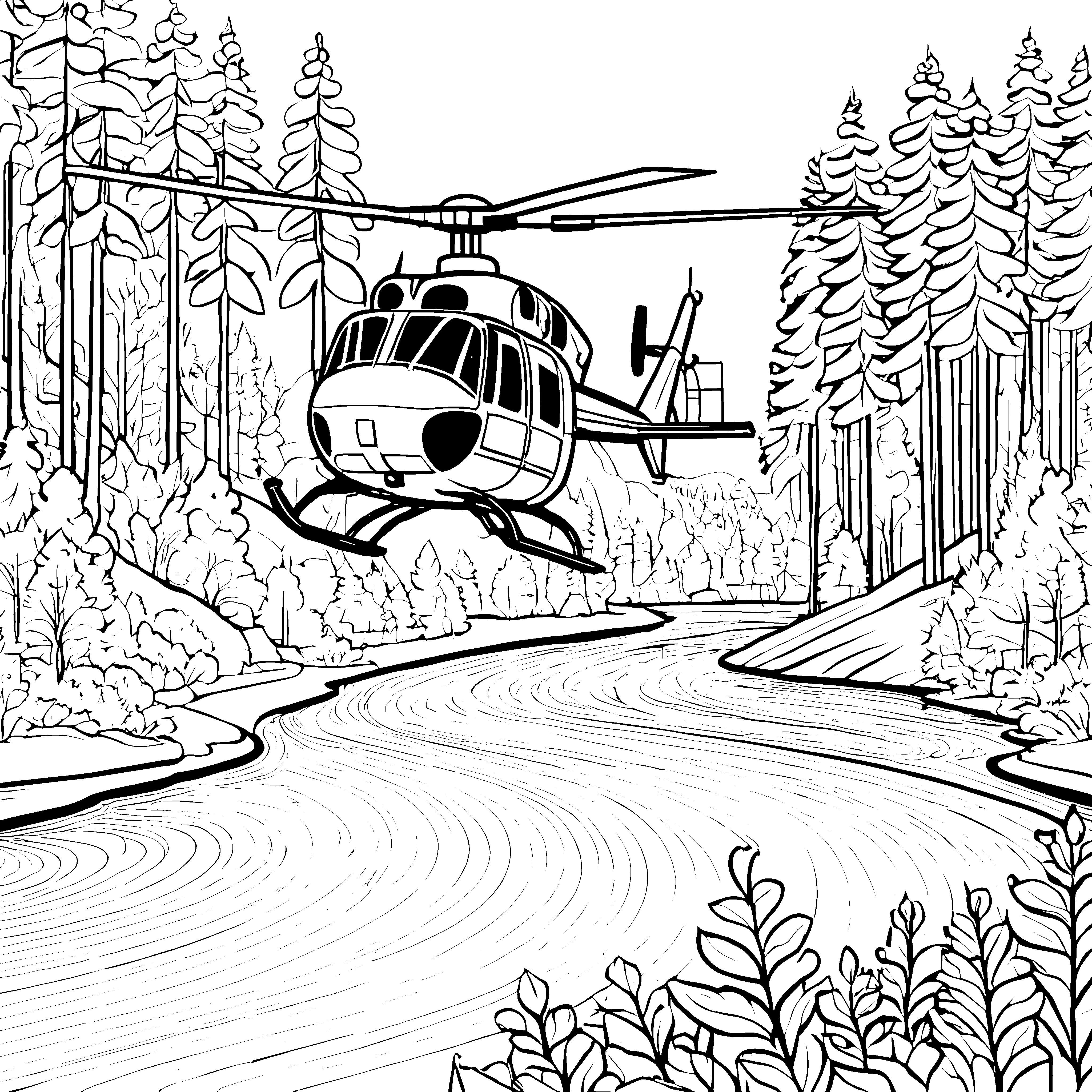 Schwebender Hubschrauber über plätscherndem Fluss Malvorlage für furchtlose Luftakrobaten