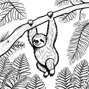 Verspieltes Riesenfaultier schwingt in den Ästen Ausmalvorlage für kleine Dschungelfreunde