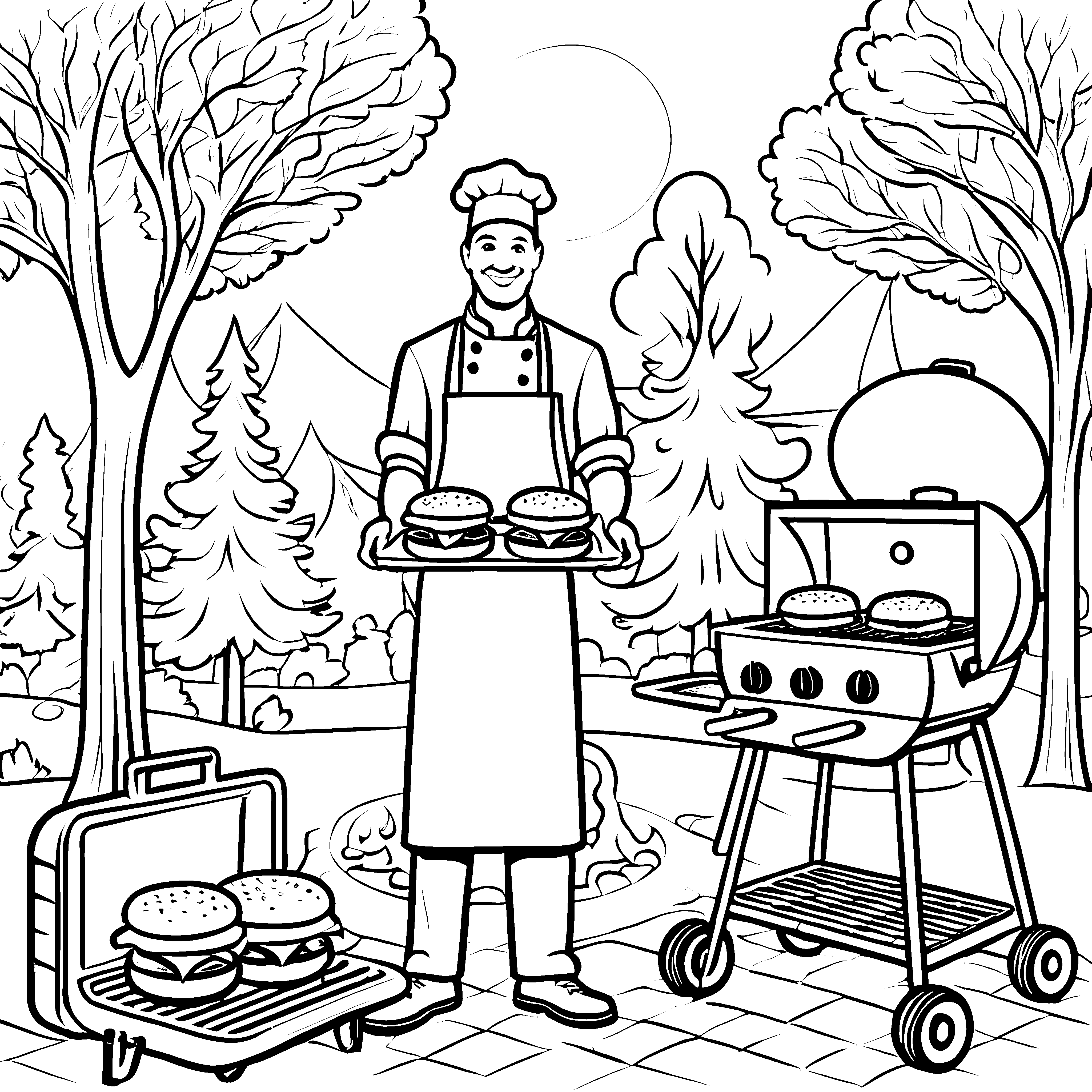 Fröhlicher Chef mit riesigem Hamburgerkarton Ausmalvorlage für kleine Genussabenteurer