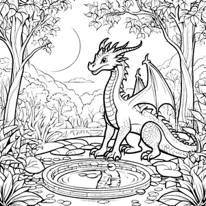 Wagemutiger Drache im glitzernden Wasserpool Ausmalvorlage für kreative Fantasierer