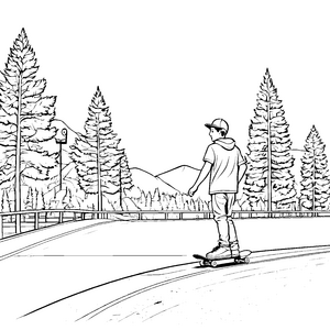Junger Skateboarder cruiset durch den sonnigen Park Ausmalvorlage für abenteuerliche Outdoor-Freunde