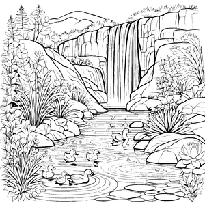 Entzückender Wasserfall mit fröhlichen Enten Ausmalmotiv für neugierige Naturforscher