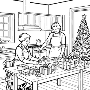 Besondere Förderung von Geschenken am Weihnachtstisch Ausmalbild für fröhliche Weihnachtszauberer