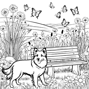 Verspielter Border Collie zwischen bunten Blumen Malvorlage für kleine Naturfreunde