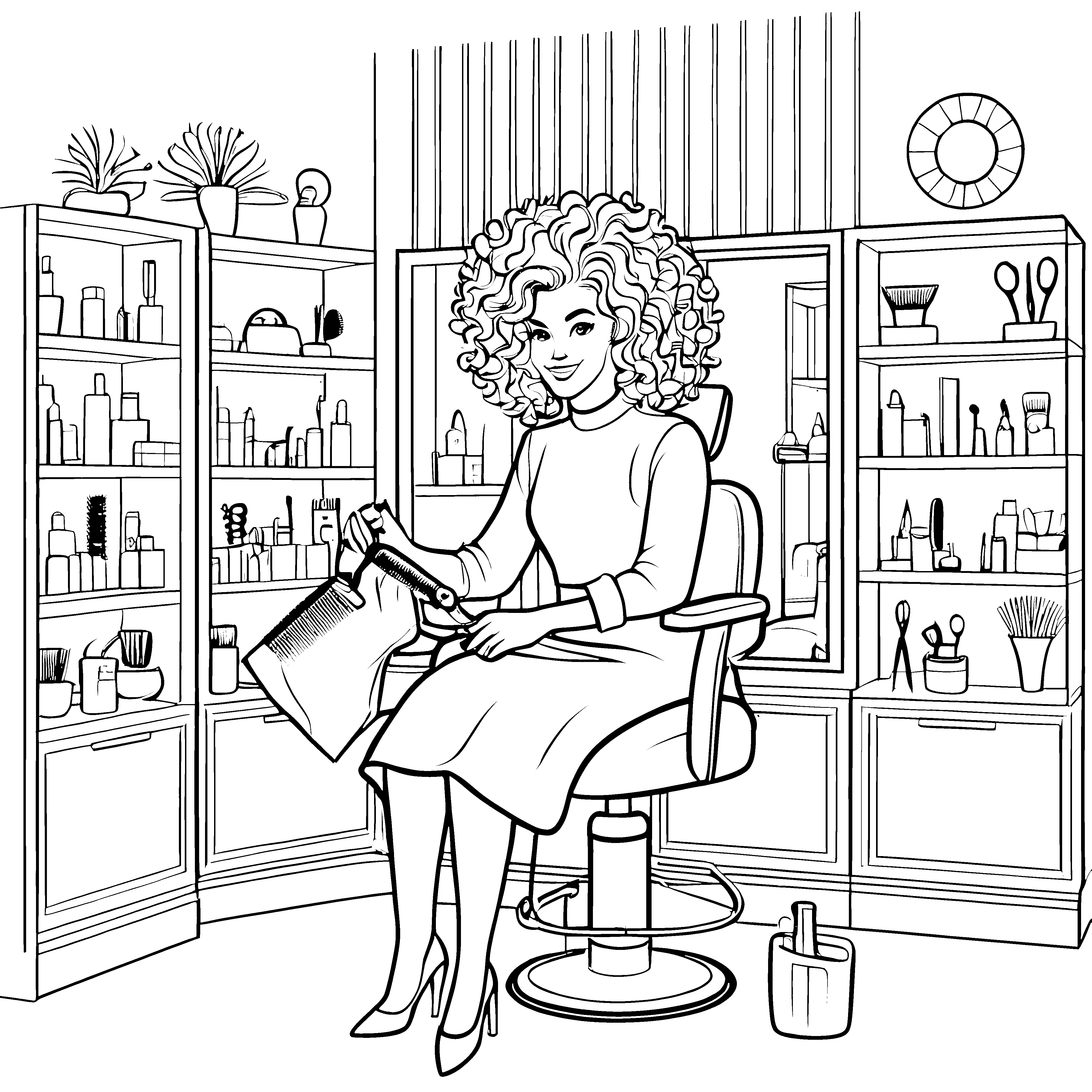 Fröhliche Friseurin mit Schere im Salon Malvorlage für kreative Stil-Entdecker