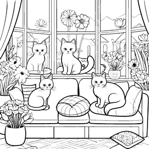 Niedliche Schmusekatzen im floralen Wohnzimmer Ausmalbild für kreative Katzenliebhaber