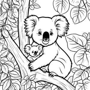 Bezaubernder Koala mit seinem kleinen Freund im Baum Ausmalmotiv für neugierige Entdecker und Abenteurer