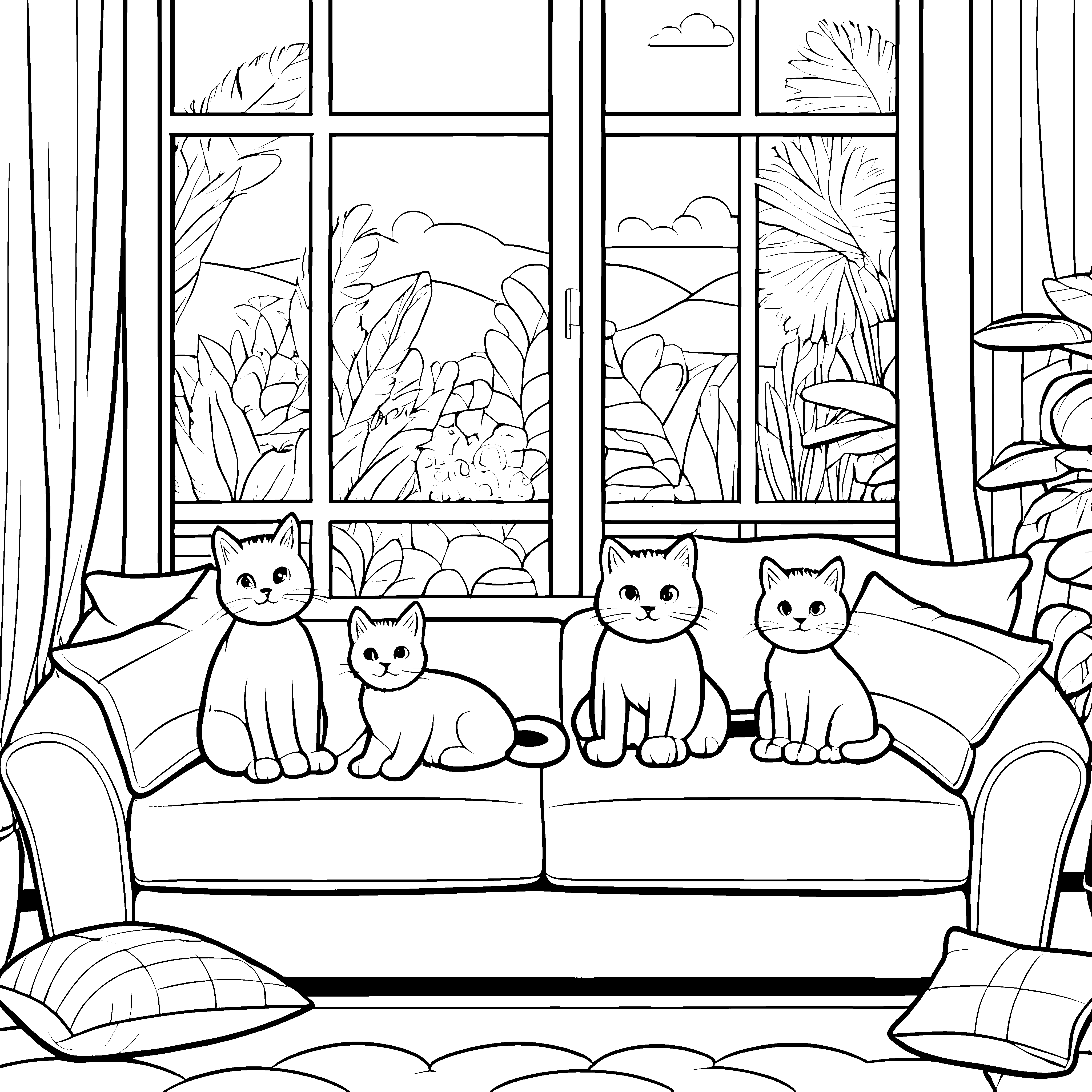 Schmusekatzen auf gemütlichem Sofa Malvorlage für kuschelige Entdecker
