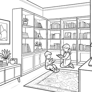 Spannendes Kind beim Vorlesen in Bücherwelt Ausmalvorlage für neugierige Geschichtenerzähler und kleine Leseratten