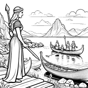 Tapfere Wikingerfrau am Wasser mit Langbooten Ausmalvorlage für mutige Entdecker