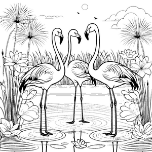 Zwei fantasievolle Flamingos im farbenfrohen Teich Ausmalbild für künstlerische Träumer