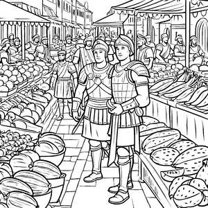 Spannende römische Legionäre auf buntem Marktplatz Ausmalvorlage für kleine Geschichtsentdecker