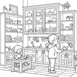 Bezaubernder Mehrzweckschrank mit Spielzeug und Geschirr Malvorlage für kleine Entdecker mit Phantasie