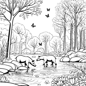 Zwei verspielte Tapire am glitzernden Wasser Ausmalvorlage für fantasievolle Entdecker