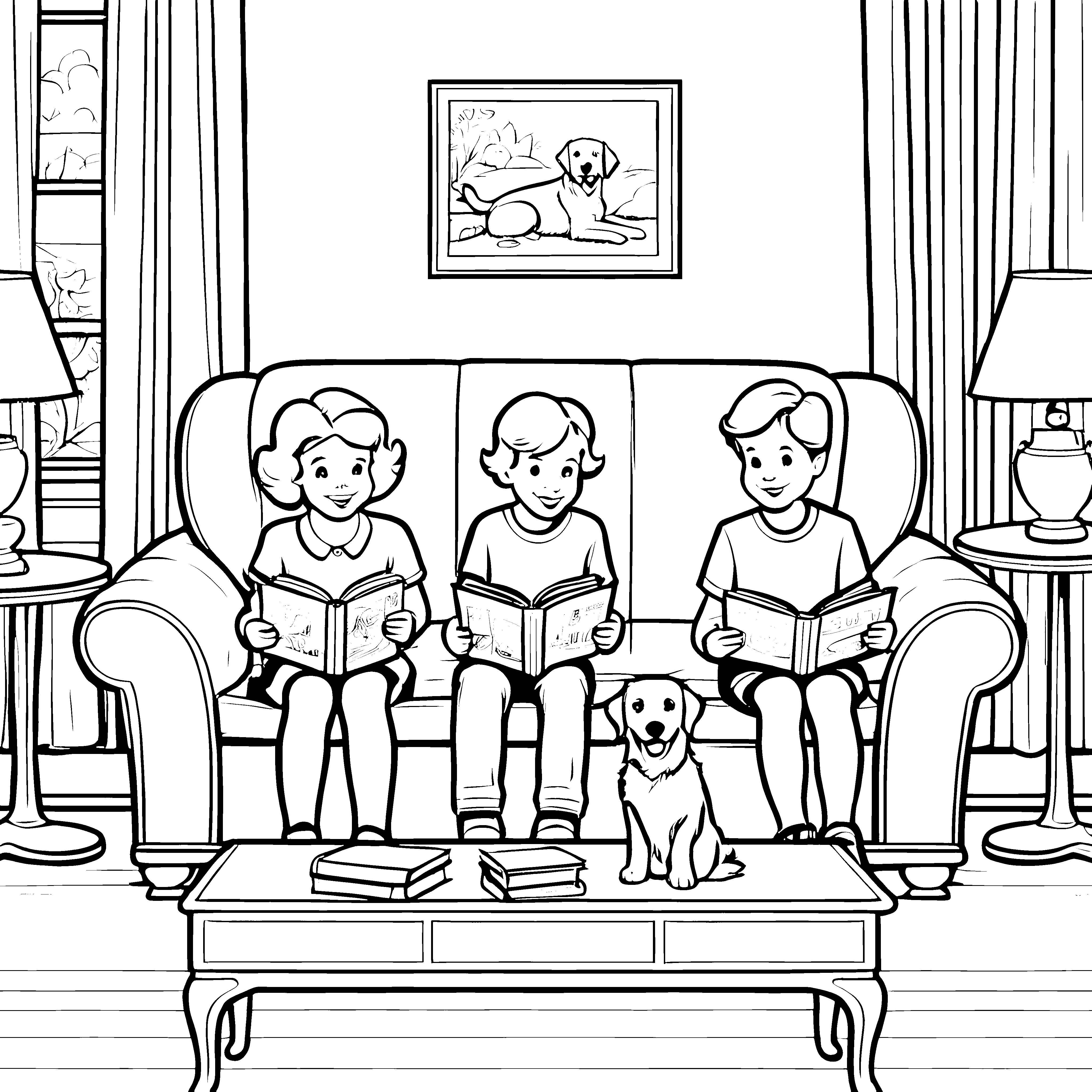 Gemütliches Retro-Sofa mit fröhlichen Lesern Ausmalvorlage für kreative Köpfe