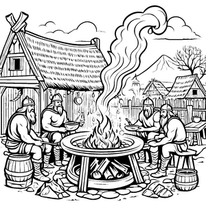 Wikinger am Lagerfeuer mit herzhaftem Essen Malvorlage für abenteuerlustige Entdecker