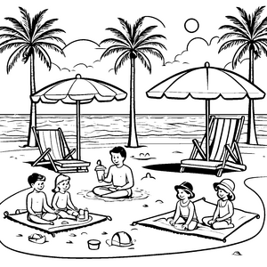 Tropischer Strand mit entspannter Familie unter buntem Sonnenschirm Ausmalbild für kleine Urlaubsfreunde