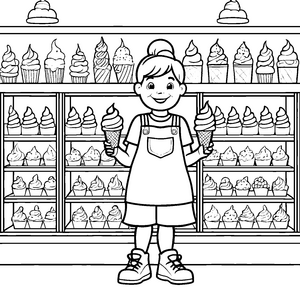 Fröhliches Mädchen mit drei bunten Eiskugeln Ausmalmotiv für kleine Schleckermäuler und Künstler