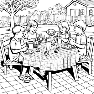 Bunte Getränkerunde am fröhlichen Picknicktisch Ausmalmotiv für kleine Feinschmecker