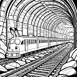 Bunter Tunnel mit einem entzückenden Hasenzug Ausmalbild für fantasievolle Traumerfinder