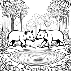 Zwei neugierige Tapir Jungtiere am friedlichen Teich Malvorlage für kleine Entdecker und fantasievolle Künstler