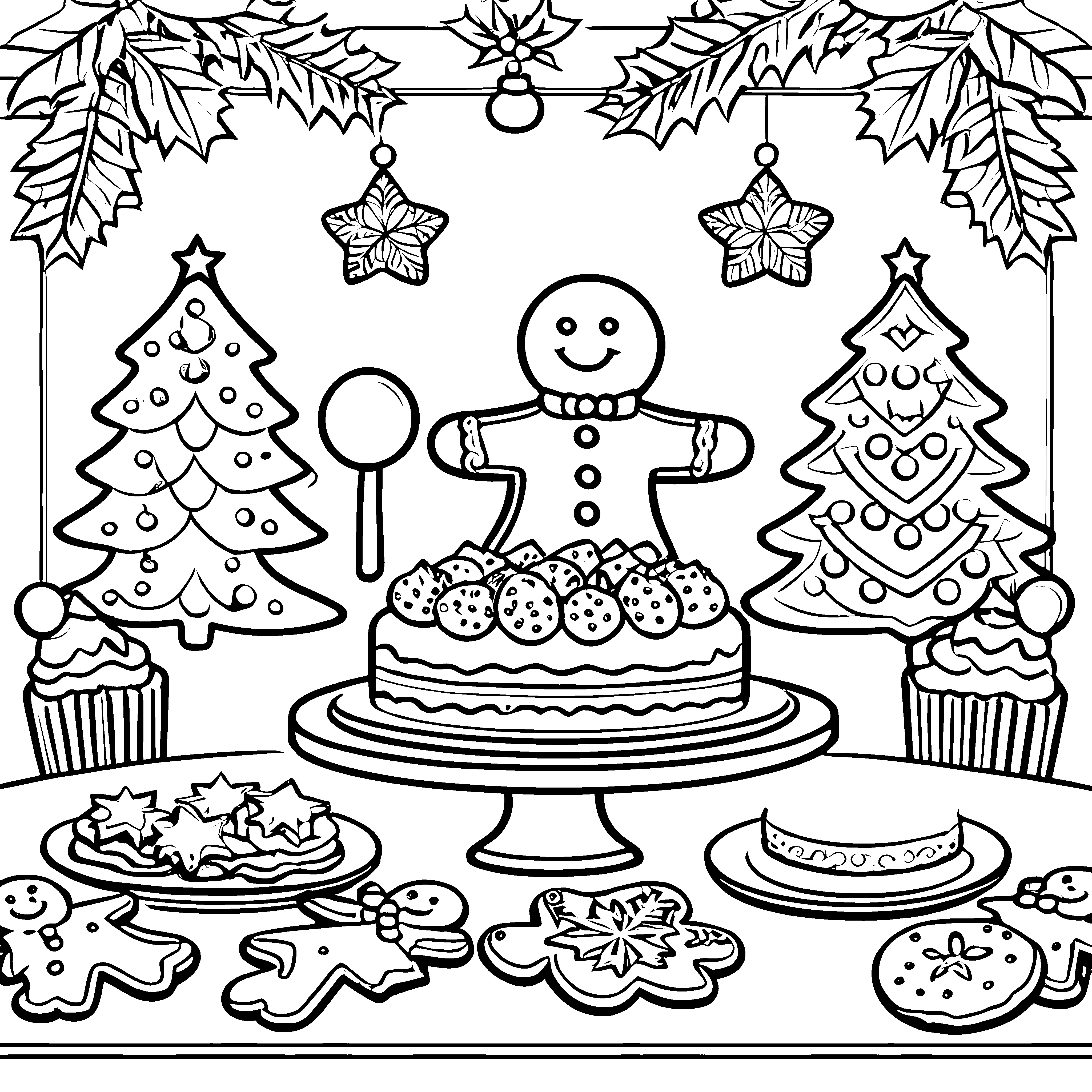 Lebkuchenmann mit fröhlichem Tannenbaum Ausmalbild für kleine Backfreunde
