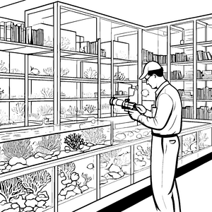 Entdeckungsreise im faszinierenden Aquarium Ausmalbild für kleine Wissenschaftler