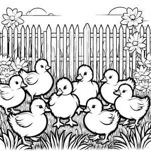 Küken im fröhlichen Garten mit bunten Blumen Ausmalvorlage für kleine Naturentdecker