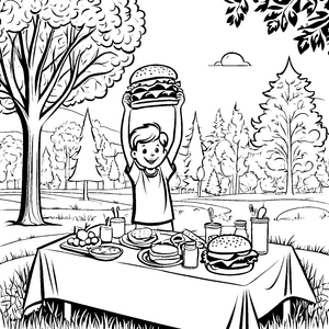 Köstlicher Hamburger in toller Picknick-Situation Malvorlage für fröhliche Feinschmecker