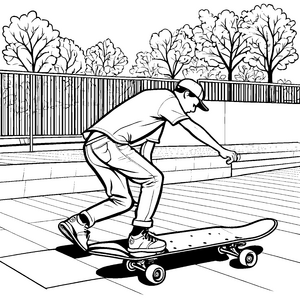 Kreativer Skateboarder auf aufregender Parkourbahn Ausmalmotiv für junge Bewegungsfreunde