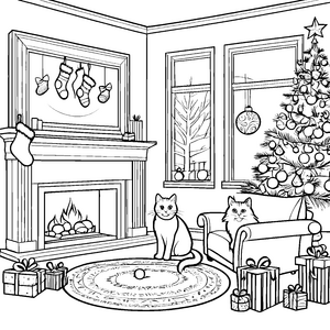 Festliche Katzen vor dem Weihnachtsbaum Ausmalvorlage für winterliche Abenteurer