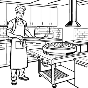 Kreativer Pizzabäcker mit frischem Teig Malvorlage für kleine Küchenchefs
