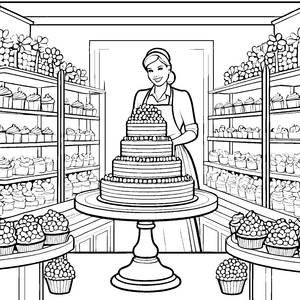 Süße Bäckerin kreiert exquisite Torte Ausmalvorlage für kleine Genussentdecker